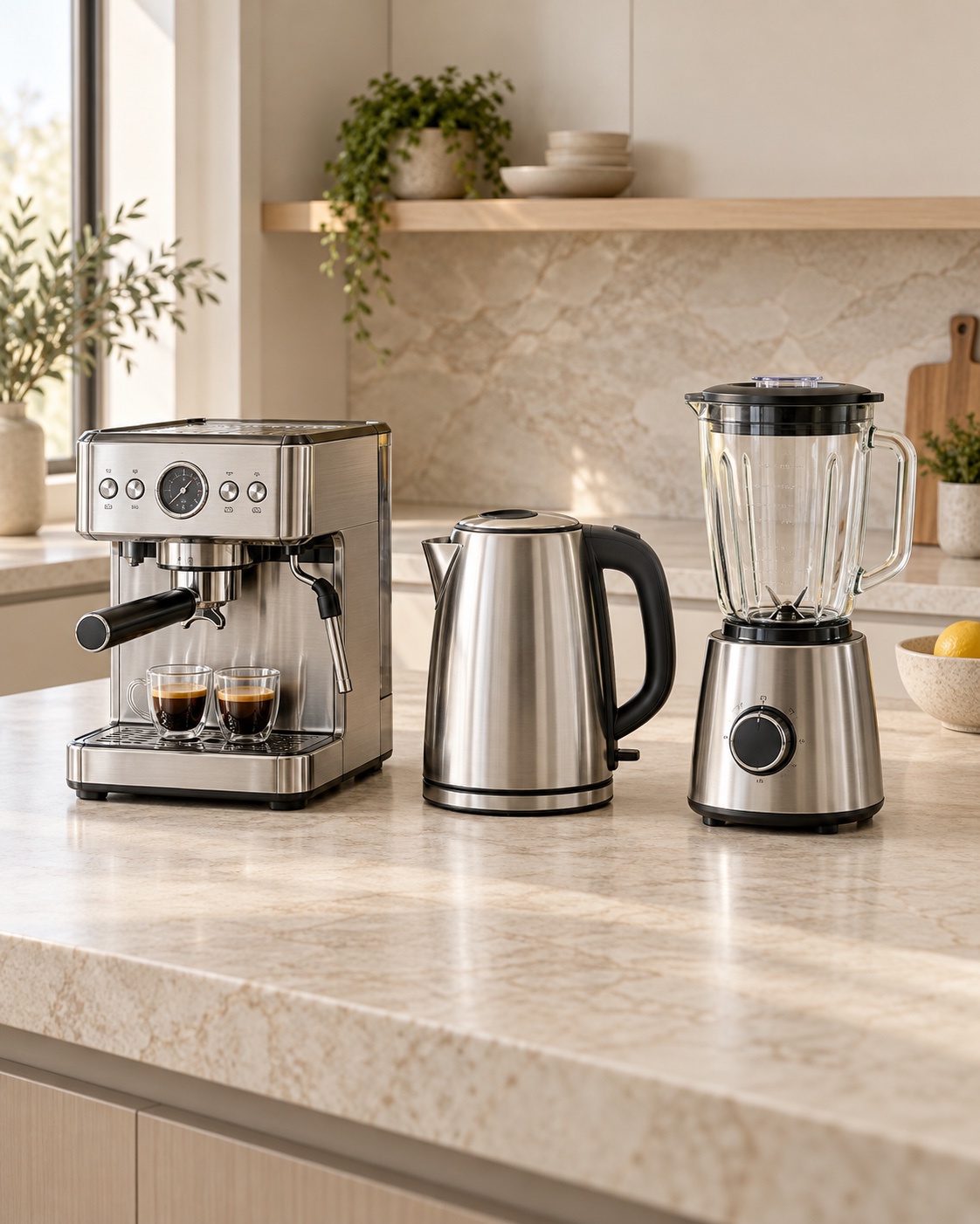 Coffee machine, electric kettle and blender on a kitchen counter