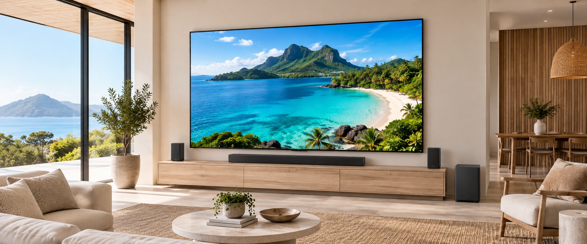 Large television with soundbar and surround speakers in a contemporary living room