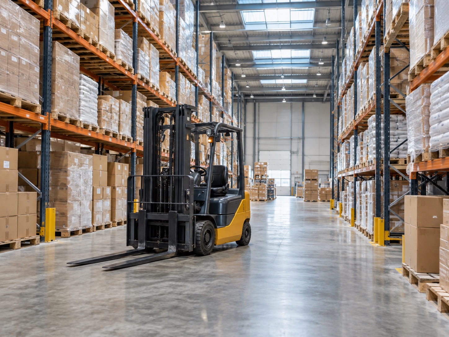 Palletized goods and a forklift in an organized logistics warehouse
